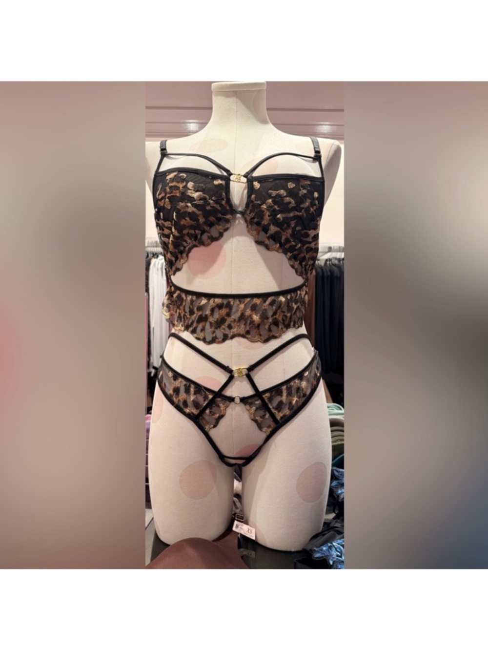 Victoria's Secret Leopard Lace Cutout Bra & Strappy Brief Set - Black & Brown